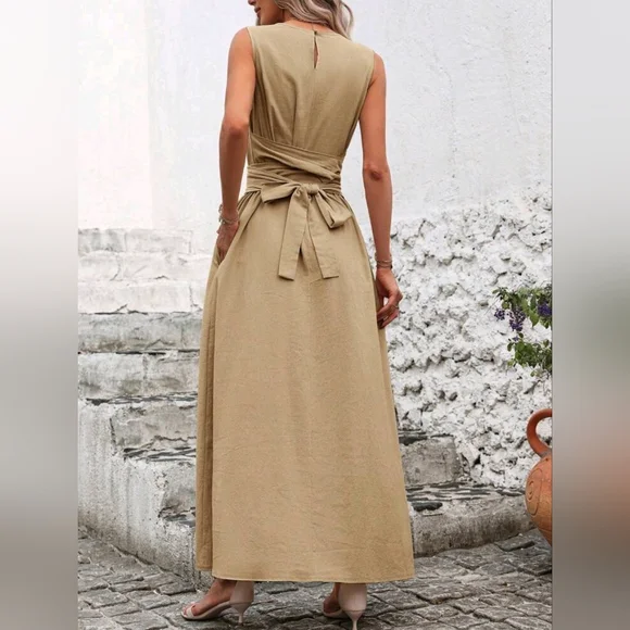 New Textured Cotton High Neck Wrap Tie Waist Maxi Dress Tan Camel Beige - Picture 6 of 9